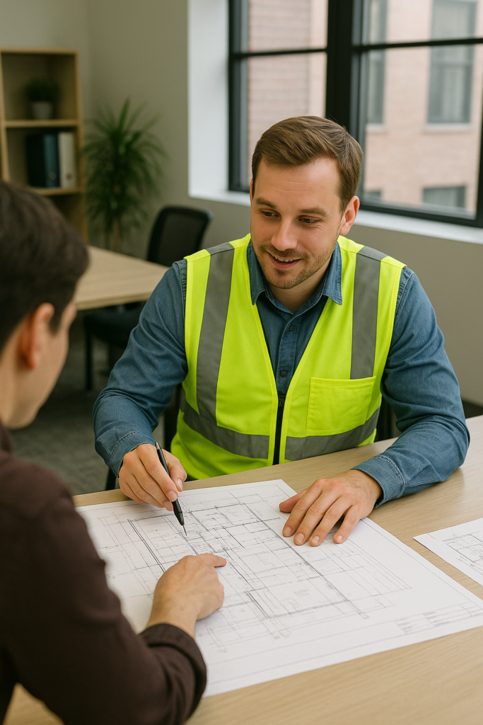 Construction professional in a safety vest reviewing architectural plans with a client, emphasizing project oversight and collaboration in custom home construction.