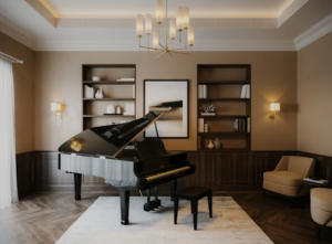 Elegant grand piano in a stylish living room with modern decor, featuring warm tones, built-in bookshelves, and a cozy seating area, reflecting luxury home design and sophisticated interior space.