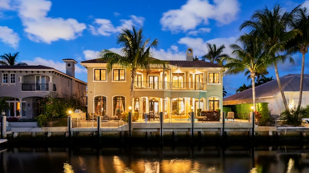Luxury waterfront home in South Florida, showcasing elegant architecture, lush palm trees, and warm evening lighting reflecting on the water, representing high-end construction and remodeling services.