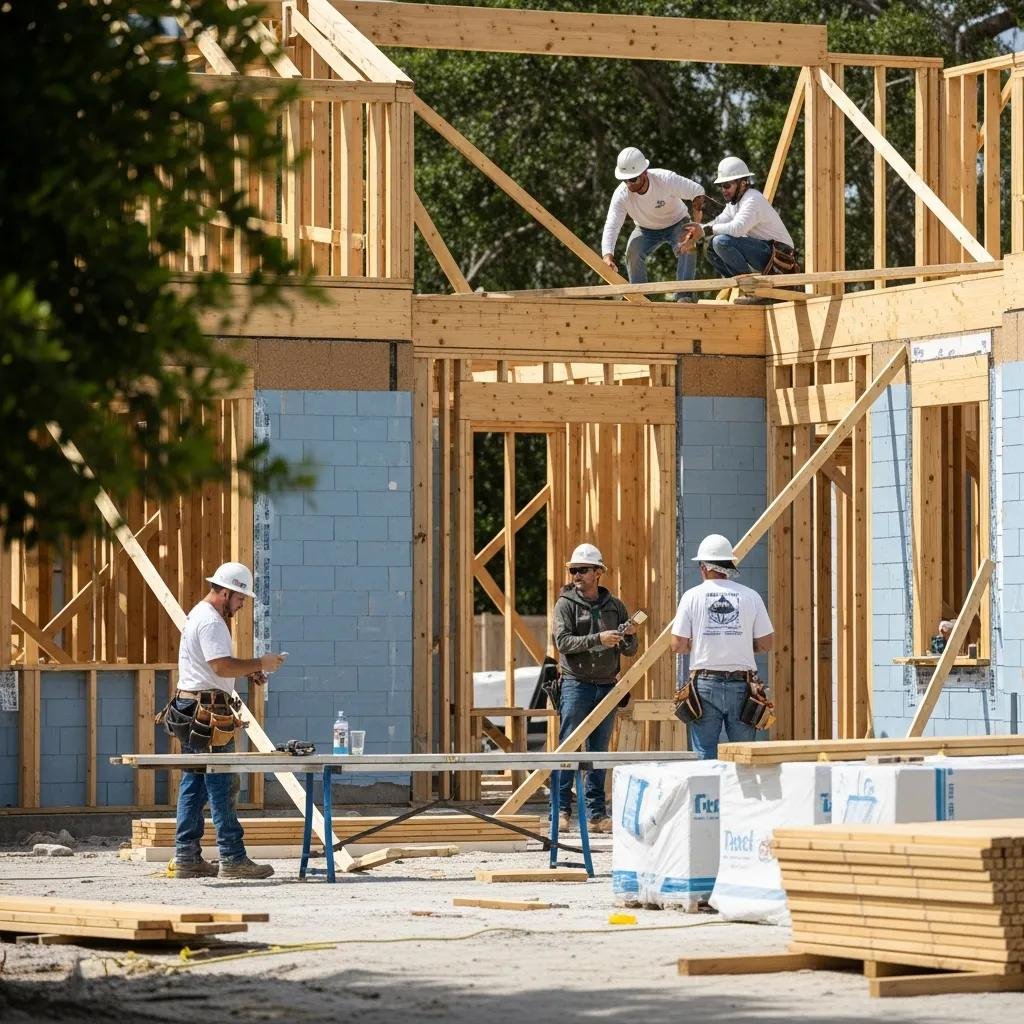 Construction site in South Florida with workers collaborating on a custom home project, featuring wooden framing and materials, emphasizing independent oversight in home building.