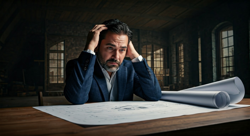 Man in a suit looking stressed over architectural blueprints on a table, reflecting the challenges of coordinating between architects and builders in custom home construction.