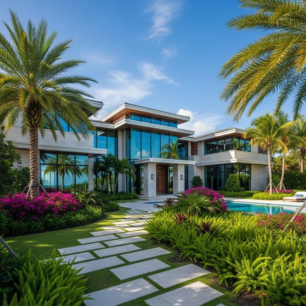 Luxury custom home in South Florida featuring modern architecture, tropical landscaping, and a stone pathway leading to a pool area.