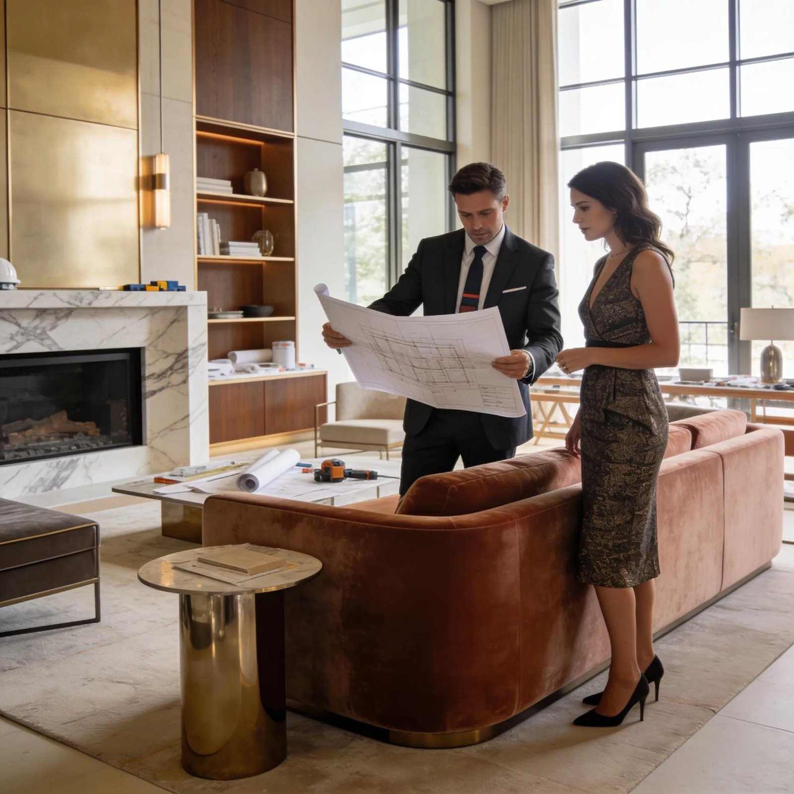 Homeowners and representative reviewing remodel plans in luxury living room