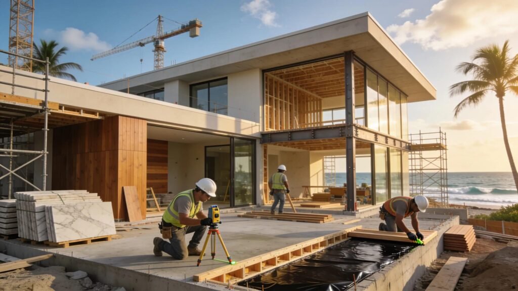 Luxury home construction in South Florida, construction management and workers on site.